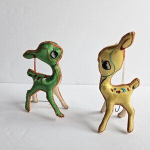 Vtg Holiday Reindeer Ornaments Set of 2 Charming Vintage Silk Embroidered Decor